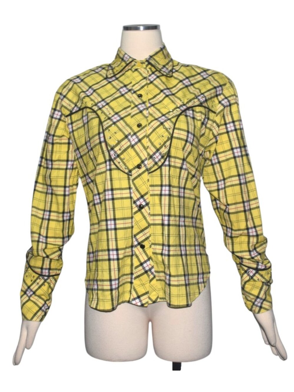 Vintage 80s 90s Western Shirt Rhinestones Yellow Plaid Snap Front Long Sleeve S